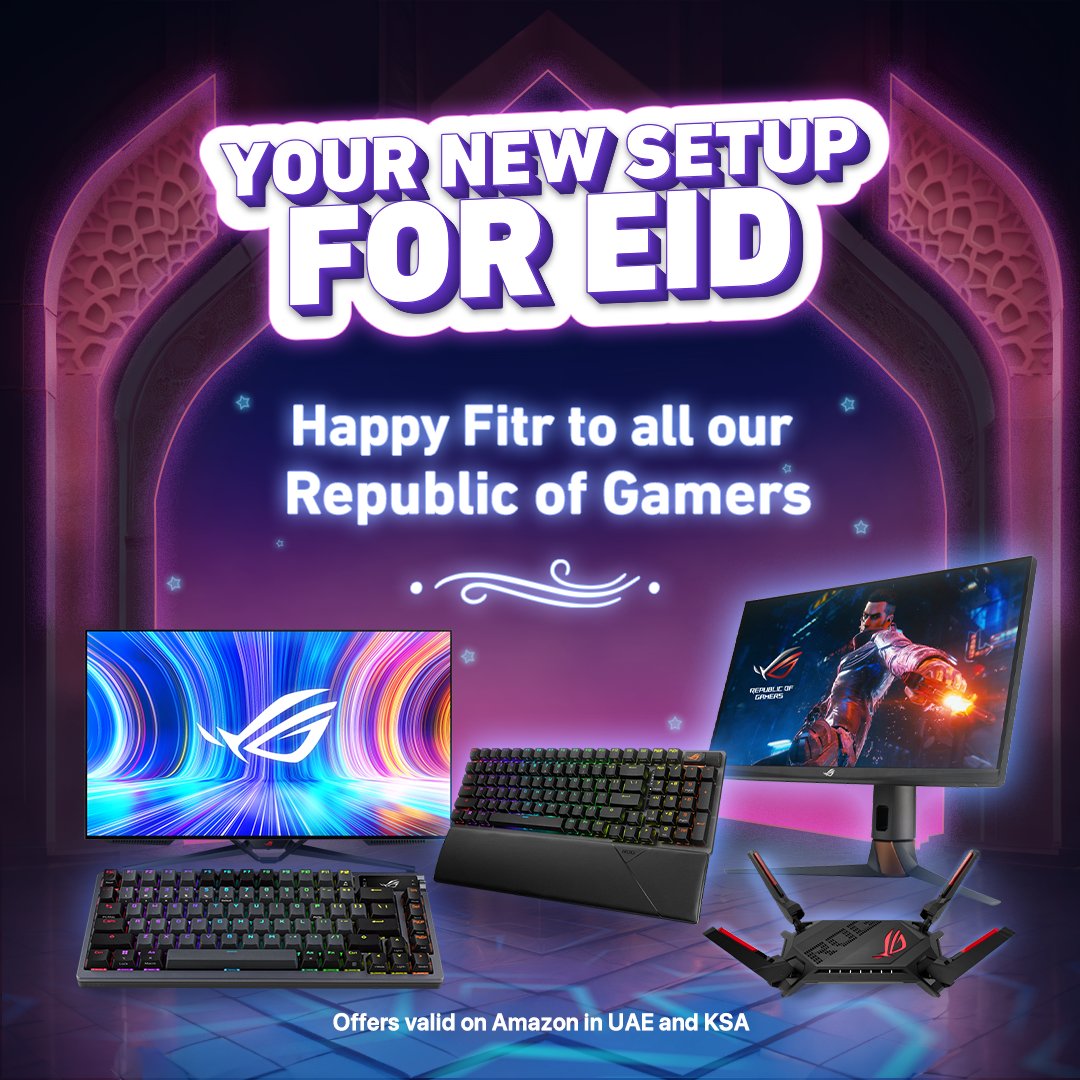ROG_ME's tweet photo. كل عام وكل جمهورية اللاعبين بخير وطيبين ويمتلكون Setup جديد من ROG بمناسبة عيد الفطر المبارك🎮👑
هذا العيد عيد توفير مع خصم يصل ل 15% على جميع لوحات المفاتيح و أجهزة الراوتر والشاشات من ROG في متجرنا على Amazon🔗
🇸🇦: https://t.co/GRcP9JEjuQ
🇦🇪:https://t.co/Ozb5t4v3W7
#ROGME https://t.co/pmIIdff9BJ