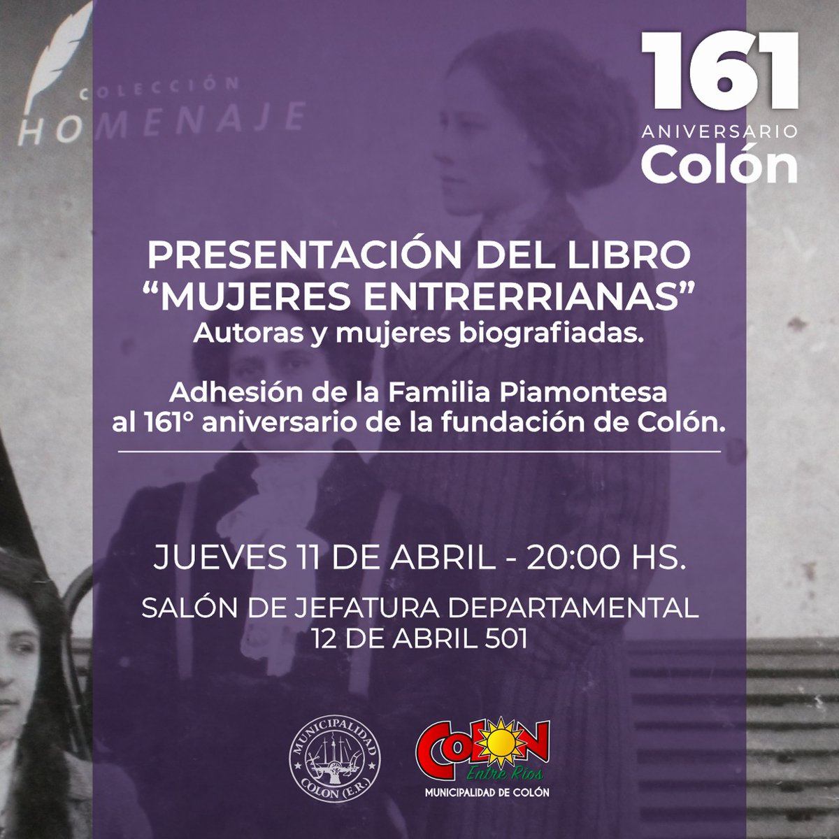 💜📖 En el marco del 161º aniversario de la ciudad de #Colón, se invita a la comunidad a la 𝗽𝗿𝗲𝘀𝗲𝗻𝘁𝗮𝗰𝗶𝗼́𝗻 𝗱𝗲𝗹 𝗹𝗶𝗯𝗿𝗼 "𝗠𝘂𝗷𝗲𝗿𝗲𝘀 𝗘𝗻𝘁𝗿𝗲𝗿𝗿𝗶𝗮𝗻𝗮𝘀"; autoras y mujeres biografiadas.
