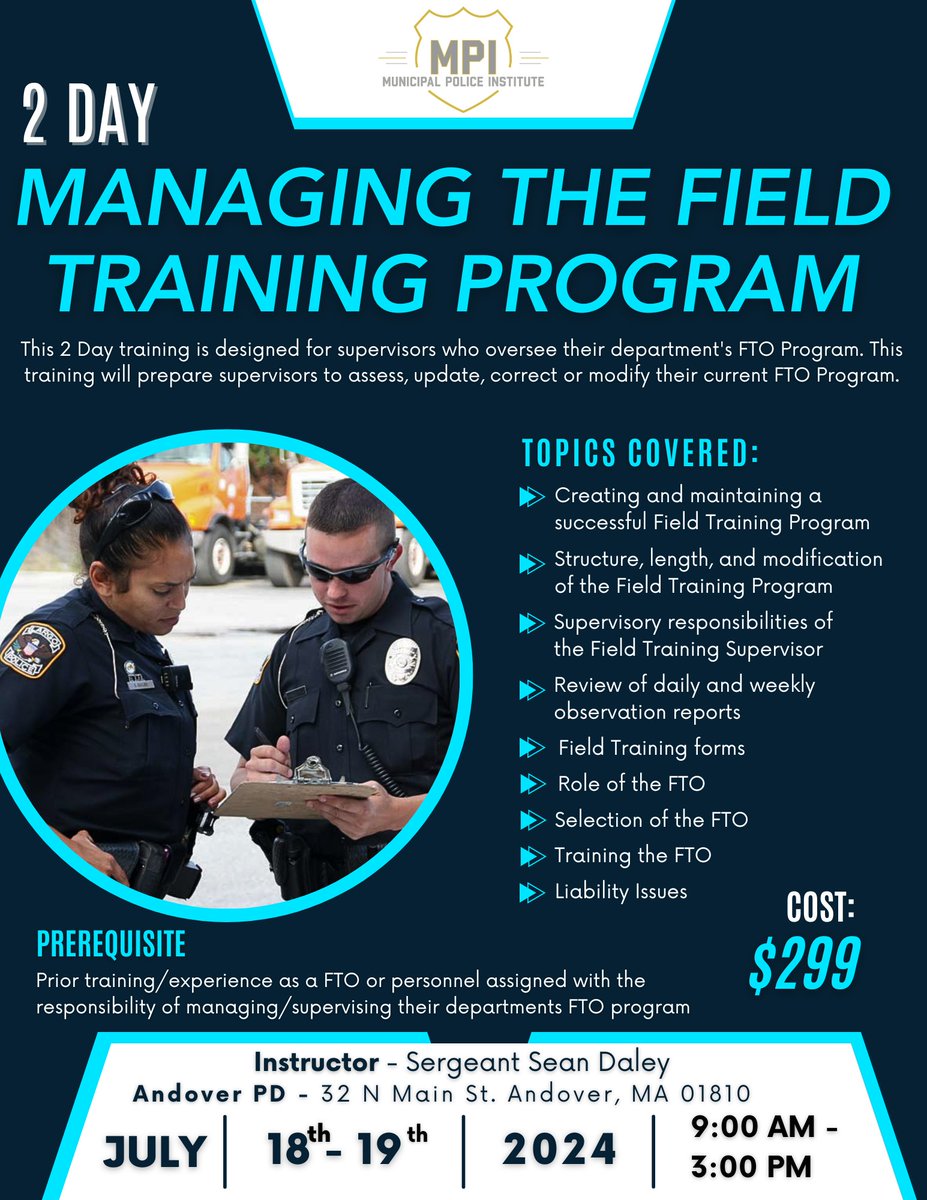 Managing the Field Training Program 2 Day
Click the link below to read more!
mpitraining.com/events/managin…
#police #policetraining #lawenforcement #lawenforcementtraining #massachusetts #mpi #leadership #FTO #training #trainwiththebest