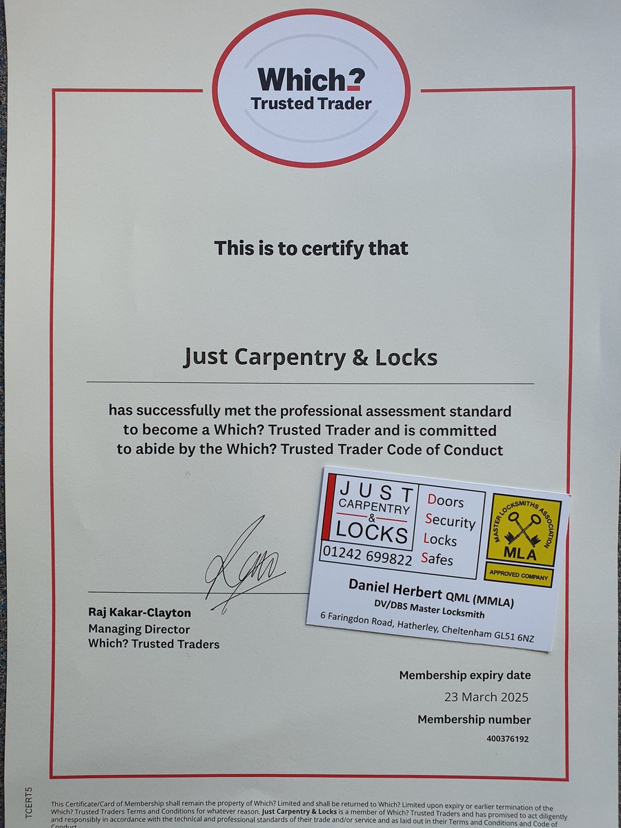 We are proud to have met the professional assessment standard of Which? Trusted Traders @WhichTraders we are also DBS checked for your peace of mind as part of our company membership with the Master Locksmiths Association @MLA_locksmiths