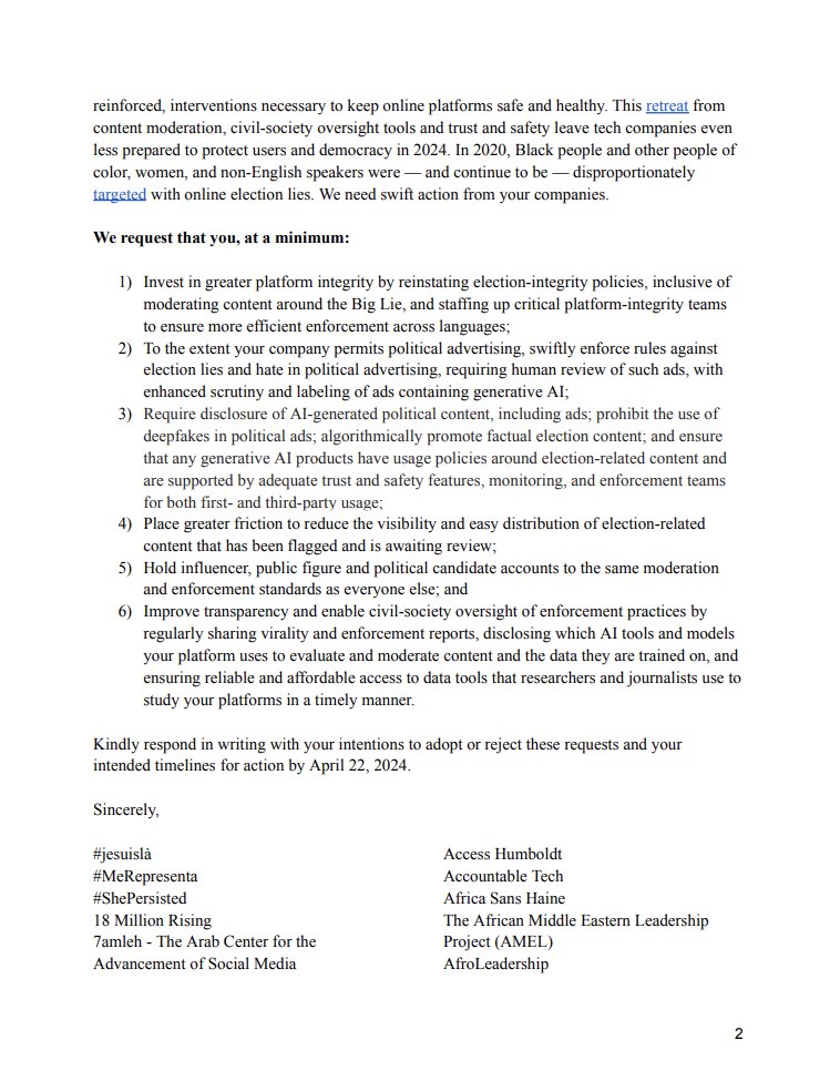 'For months, advocates have been warning that the rise in audio clips and videos generated by AI is already leading to confusion in elections around the world...' That's why we're making SIX DEMANDS of big tech. Full letter👇 freepress.net/sites/default/…