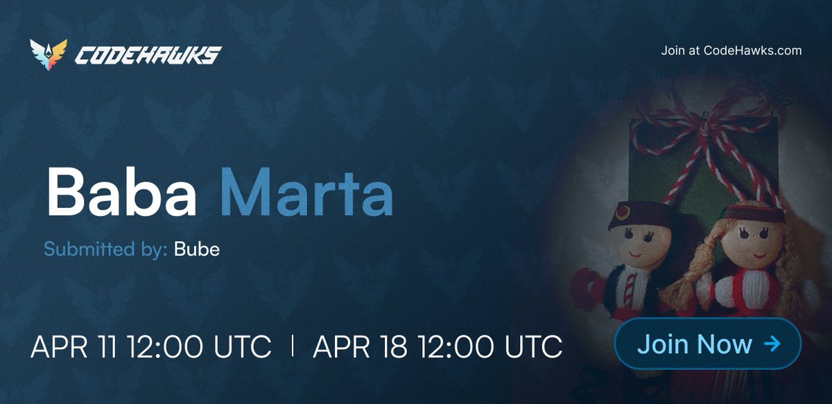 Announcing First Flight #13: Baba Marta! Our next exciting community first flight is brought to us by @0xbube 💚! nSLOC: 239 Start date: April 11, 2024 Noon UTC Duration: 7 DAYS Get real auditing experience! Check it out! 👇 (1/2)