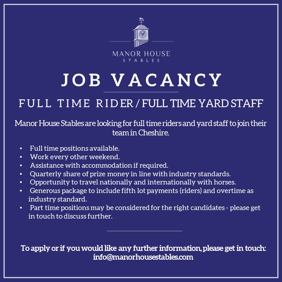 🚨 We’re hiring!

👌 Get in touch if you would like to join #TeamMHS.

📧 info@manorhousestables.com
☎️ 01948820485

@Coral @HM3Legal @nafuk #TeamMHS