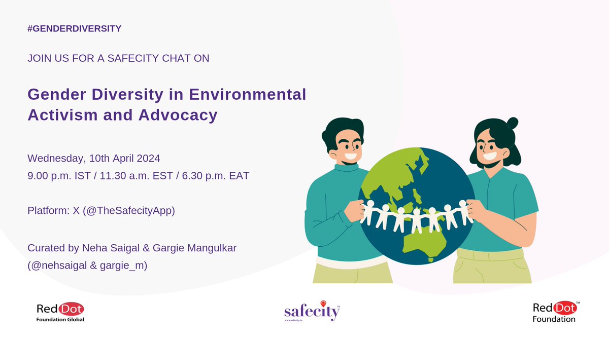 Please join us for a #Safecity chat with Neha Saigal (@nehsaigal) & Gargie Mangulkar (@gargie_m) on 'Gender Diversity in Environmental Activism and Advocacy'. 🗓️10th April, 2024 ⏰9:00 PM IST | 11:30 AM EST | 6:30 PM EAT #GenderDiversity #RedDotFoundation