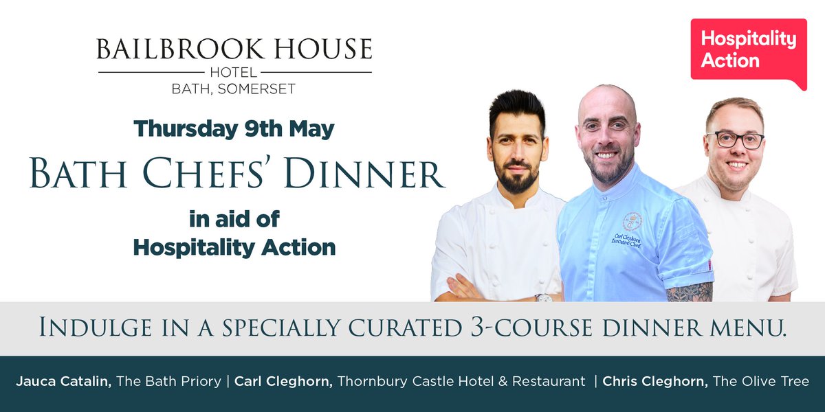 Next up <a href="/HospAction/">Hospitality Action</a> Bath Chef's Dinner <a href="/hp_hotels/">hp_hotels</a> Thursday 9th May featuring <a href="/chriscleghorn/">Chris Cleghorn</a> <a href="/thequeensberry/">The Queensberry</a> <a href="/CJauca/">Catalin Jauca</a> <a href="/Thebathpriory/">The Bath Priory</a> <a href="/BrownswordHotel/">Brownsword Hotels</a> @CarlCleg Come join us for a wonderful evening of great food and wine <a href="/WeLoveBath/">Love Bath</a> <a href="/VisitBath/">Visit Bath</a> <a href="/BathLifeMag/">Bath Life</a> 
handpickedhotels.co.uk/bailbrook-hous…