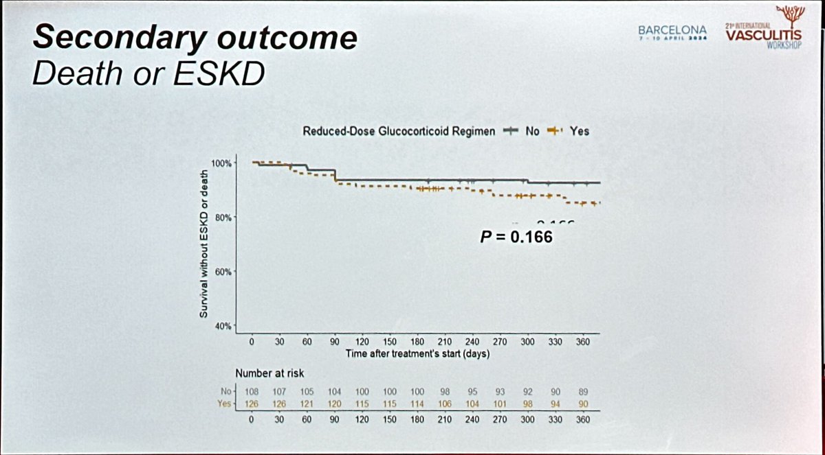 Reduced GC dose in #ANCA vasculitis: @TerrierBen confirm results from PEXIVAS in real life cohort study, ie no difference in the composite outcome of death/ESKD. 1/2