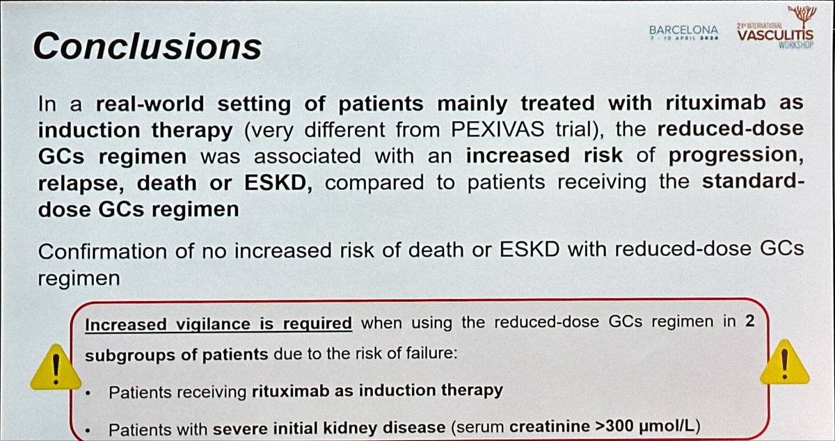 However, considering a larger (that may be discussed) composite criteria (minor relapse, major relapse, progression, death, ESKD) in favor of standard GC dose, especially for RTX patients and severe AKI #vasculitisBCN2024 2/2