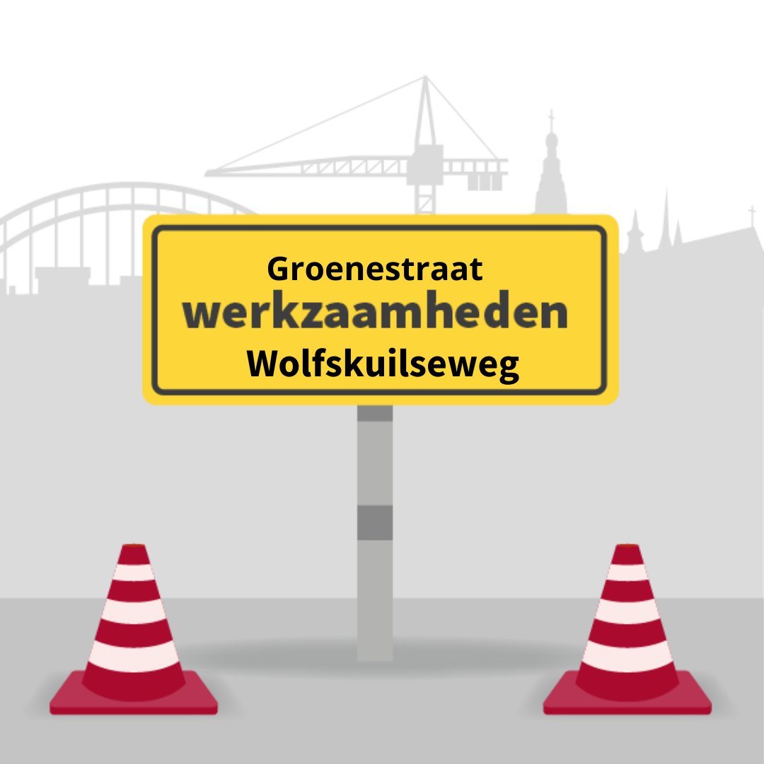 Van 15 april t/m 14 mei is de Groenestraat vanaf de kruising Muntweg ➡️ de Graafseweg in één richting dicht. Ook is een deel van de Wolfskuilseweg, vanaf de Graafseweg ➡️ Floraweg, in één richting afgesloten t/m 24 mei. info 👇 bit.ly/3JcbsEF #wegwerkzaamheden #Nijmegen