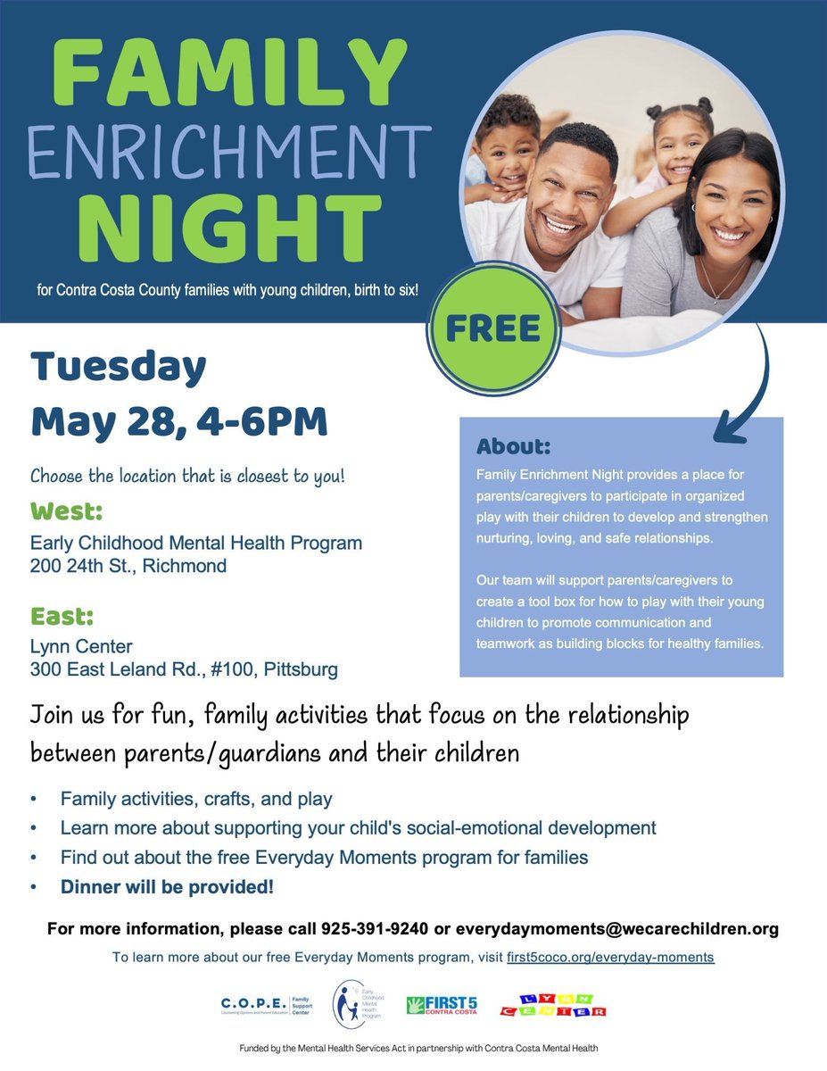 Join us for Family Enrichment Night! Fun activities, crafts, and play await you and your little ones. Plus, learn about supporting your child's social-emotional development and discover the Everyday Moments program! 👨‍👩‍👧‍👦 #FamilyEnrichment #ContraCostaCounty