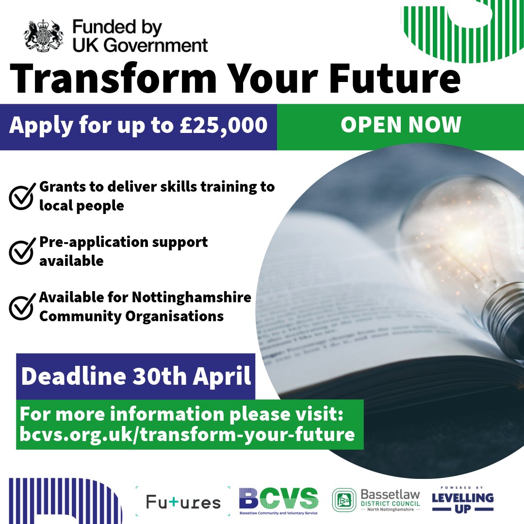 Bassetlaw Community and Voluntary Service (BCVS) (@bassetlawcvs) on Twitter photo The Futures Funding is Now Open!
Applications Close on 30th April
Please see a link below for more information around Applying
bcvs.org.uk/apply-futures
If you need any Further support or information please contact us bcvs@bcvs.org.uk The Futures Funding is Now Open!
Applications Close on 30th April
Please see a link below for more information around Applying
bcvs.org.uk/apply-futures
If you need any Further support or information please contact us bcvs@bcvs.org.uk