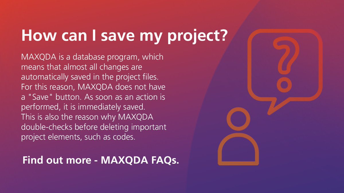 Check out our FAQs for answers to the most frequently asked questions &amp; discover how to get the most out of MAXQDA. Ever wondered how to save your project in MAXQDA? Find out more: ow.ly/AUAC50Ra8QI
Got more questions? Drop them in the comments. We're here to help. 
#maxqda