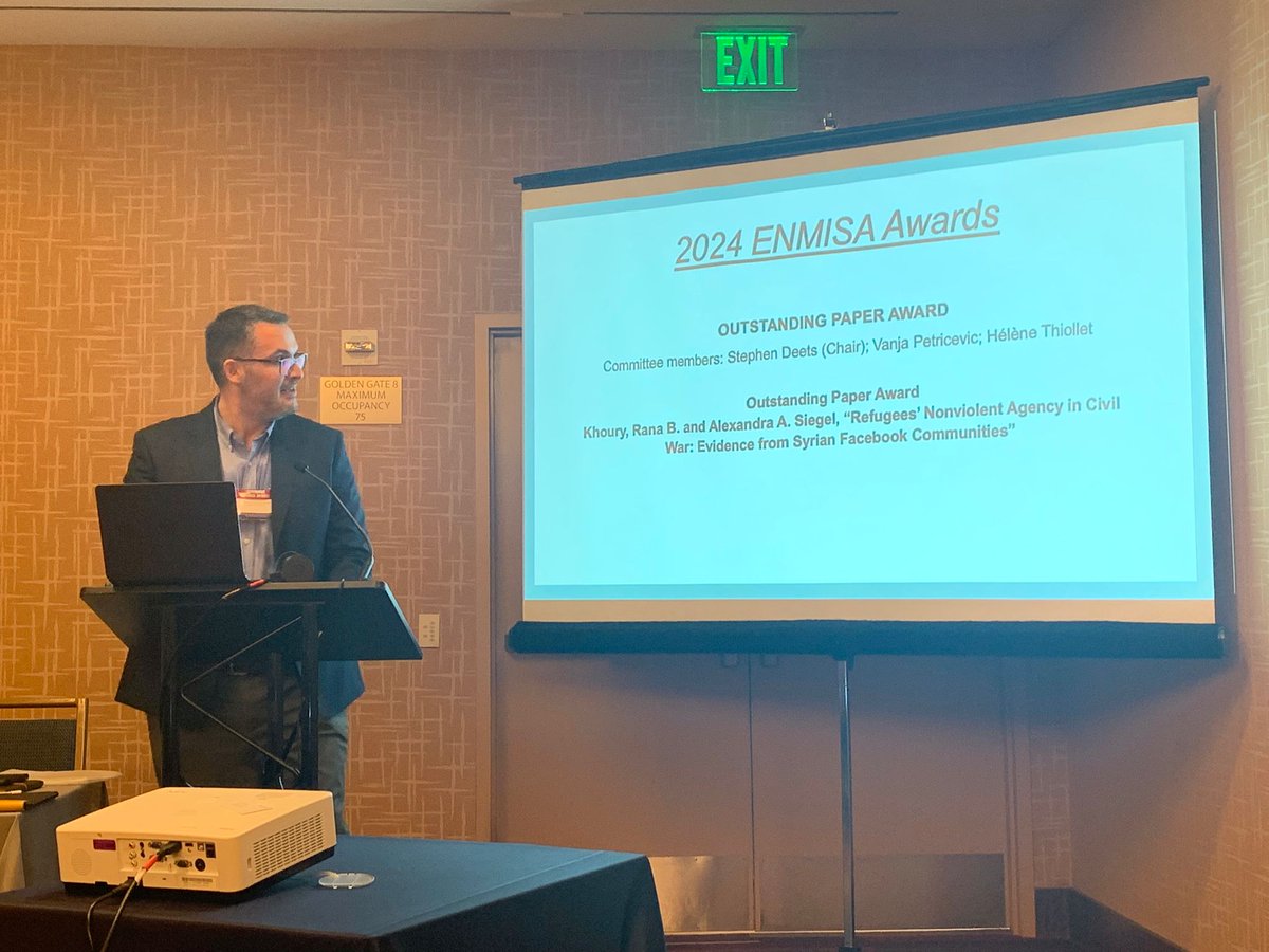 A cool thing happened at ISA (in our absence): My brilliant coauthor @aasiegel and I received the Outstanding Paper Award from @_ENMISA for our work on civil organizing during war. Many thanks to the committee! And to @RawanArar (Emerging Scholar Award winner 🔥) for the photo
