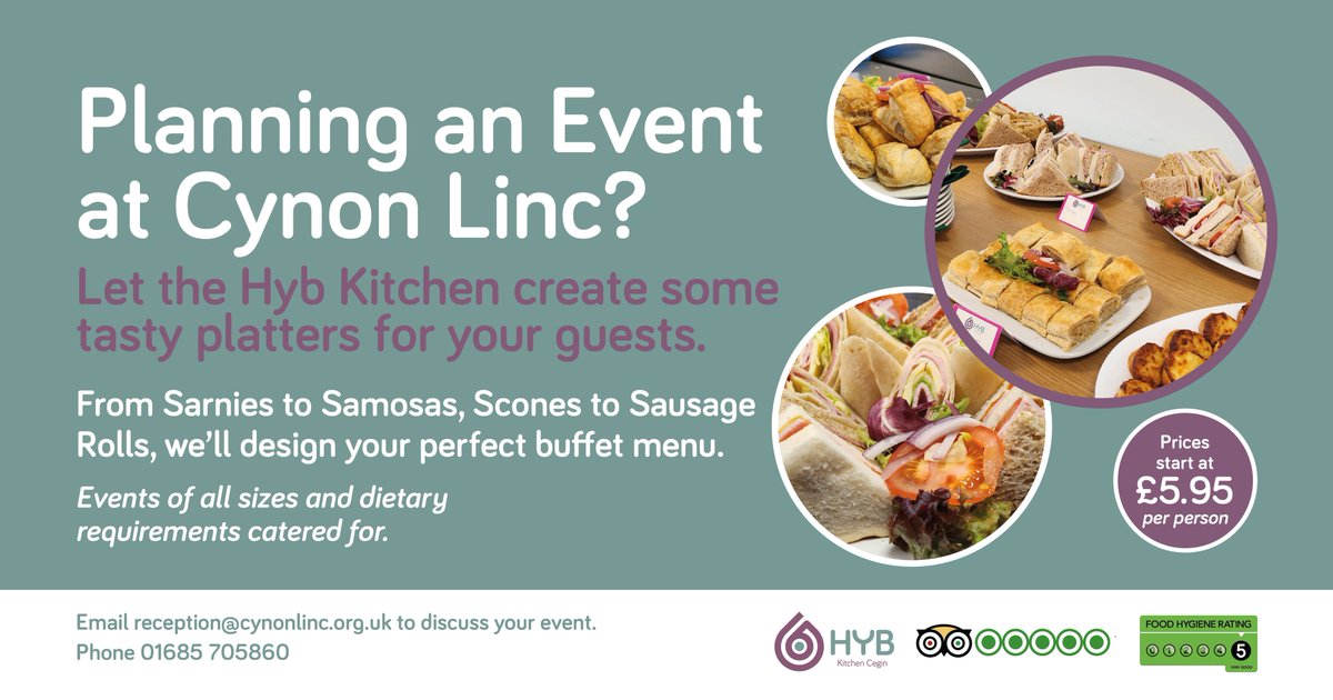 The Hyb kitchen receive great feedback for the quality of their buffets. If you are planning an event at Cynon Linc send us an email to discuss catering options and get a quote.
reception@cynonlinc.org.uk