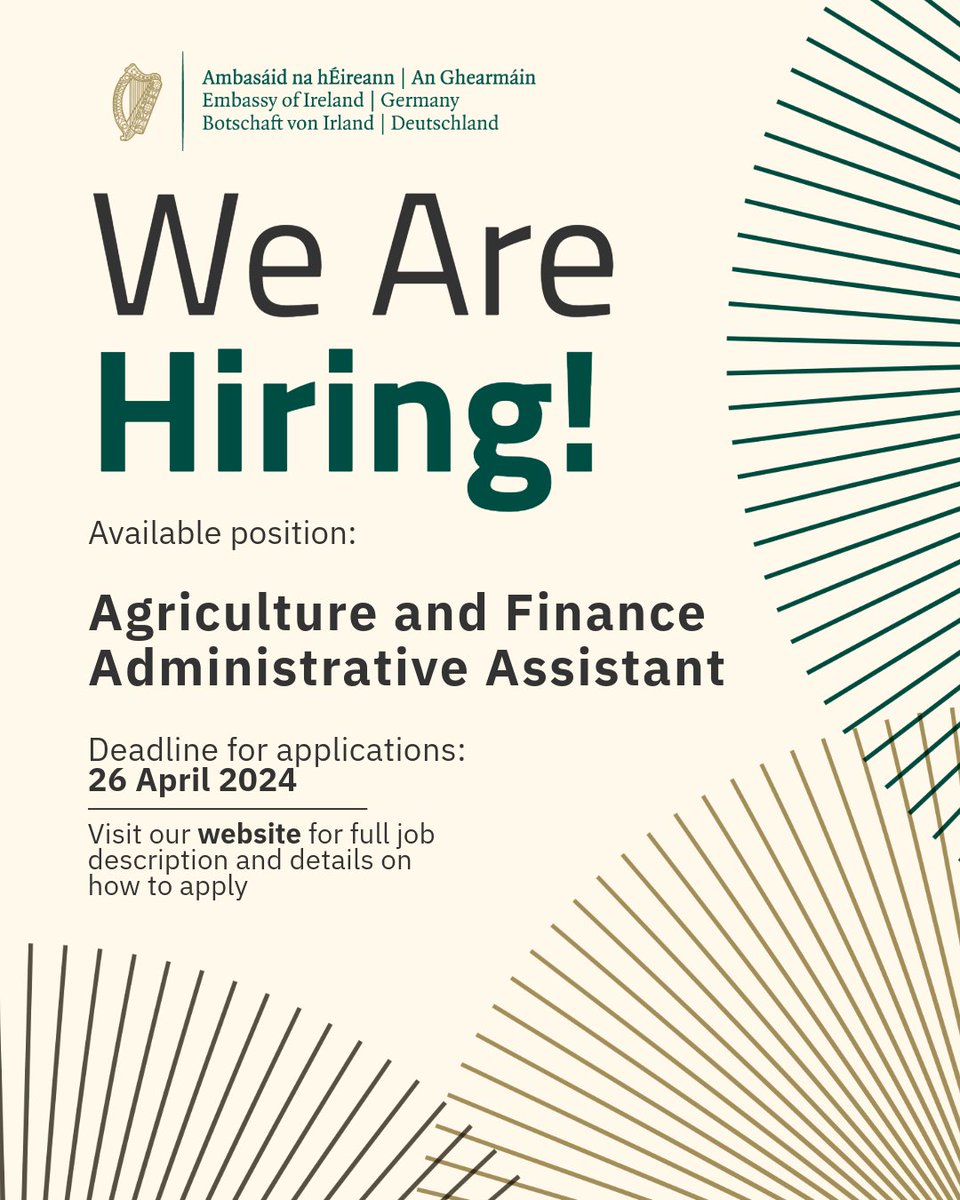 📢Join our team! The Embassy of Ireland in Berlin is hiring an Agriculture & Finance Administrative Assistant. Click the link for full job description & details on how to apply: ireland.ie/en/germany/ber… Deadline: 26 April 2024.