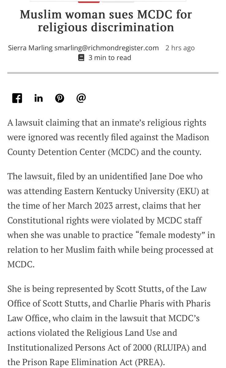 Proud of my friend Stutts for helping a client stand-up for #ReligiousLiberty!.

Per the Richmond Register: “A lawsuit claiming that an inmate’s religious rights were ignored was recently filed against the Madison County Detention Center (MCDC) and the county.

The lawsuit, filed…