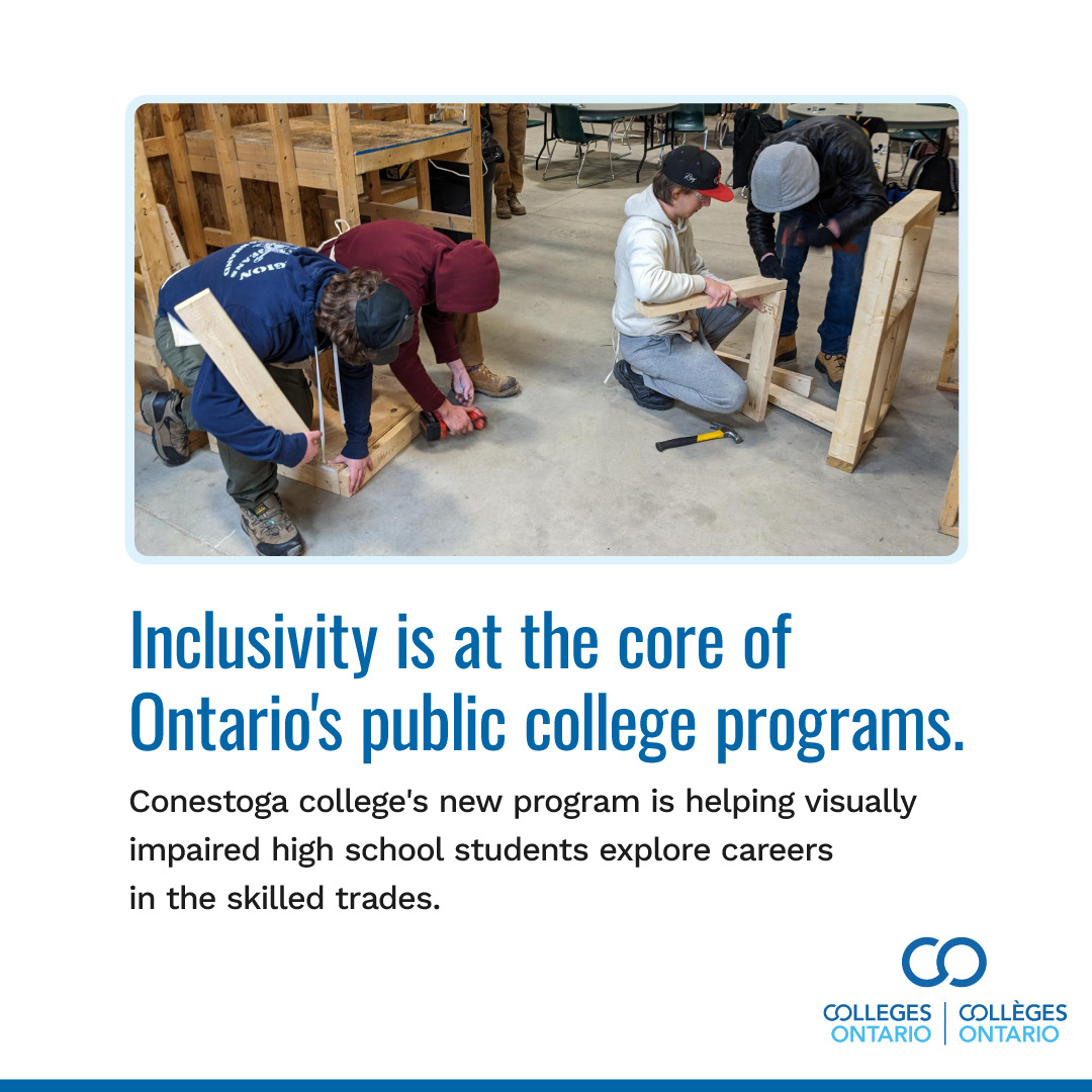 Inclusivity is at the core of Ontario's public college programs. Learn how @ConestogaC is pioneering inclusivity in the skilled trades by creating accessibility for visually impaired high school students exploring carpentry as a career: rb.gy/8zsbwy @JillDunlop1