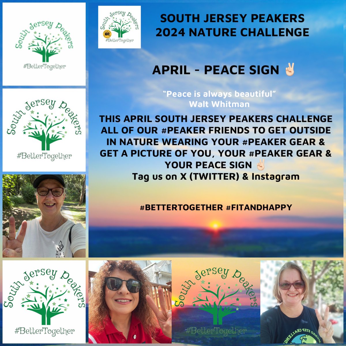 Join us!!! This April South Jersey Peakers challenge all our #peaker friends to get outside in nature wearing your #peaker gear &amp; get a picture of you, your #peaker gear &amp; your ✌🏻Peace Sign!
Tag us on X (Twitter) &amp; Instagram 
#BetterTogether #FitandHappy