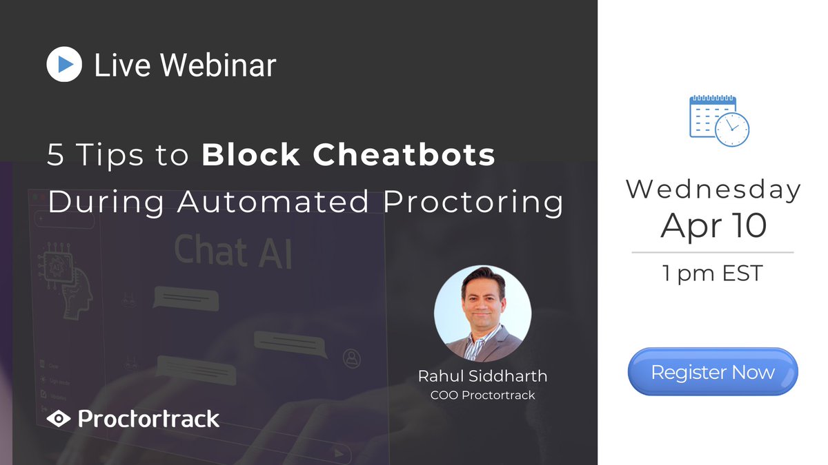 Webinar TOMORROW  - bit.ly/3PU1V98 | Outsmart Cheatbots Securely with 5 Excellent Automated Proctoring Tips.

#academicintegrity #EdTechInnovation #edtech #onlineexam #onlinelearning #onlineproctoring #highereducation #distancelearning #chatbot #chatgpt #lms #clep