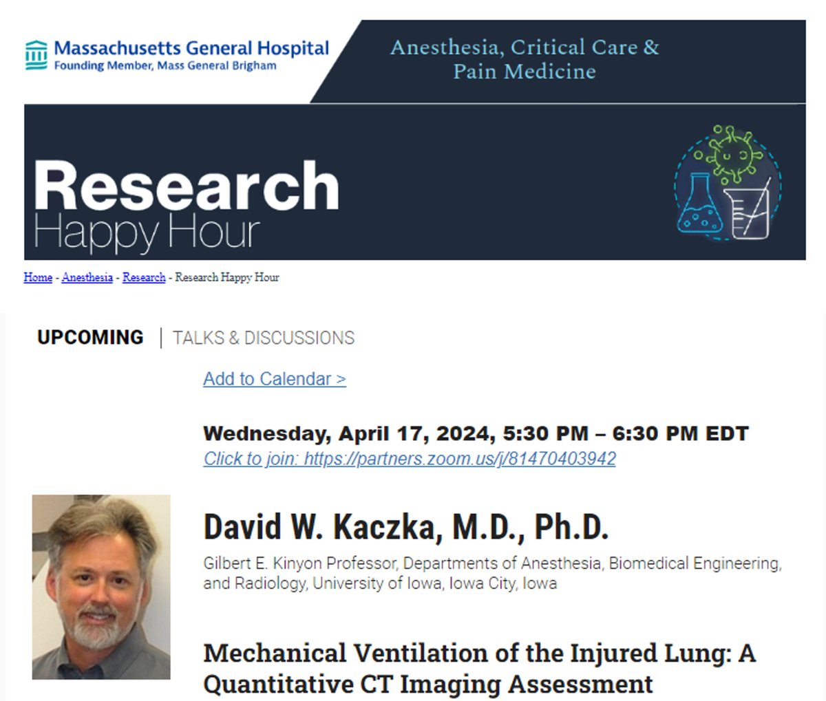 You may be interested in the latest talk in the Happy Hour series hosted by @tilo_winkler. 17 April, 2024, 5.30PM - 6.30 PM EDT, David W. Kaczka, M.D., Ph.D. University of Iowa anesthesia.massgeneral.org/RHH/RHH.htm