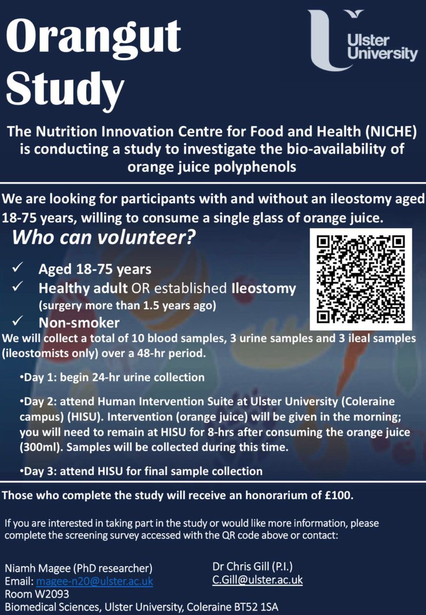 ‼️🍊 Bioavailability study 🍊 ‼️   We are looking for healthy adults AND ileostomates to consume a single glass of orange juice   £100 will be given to everyone who completes the study. Interested? Please complete the screening questionnaire (➡️ redcap.link/orangut)
