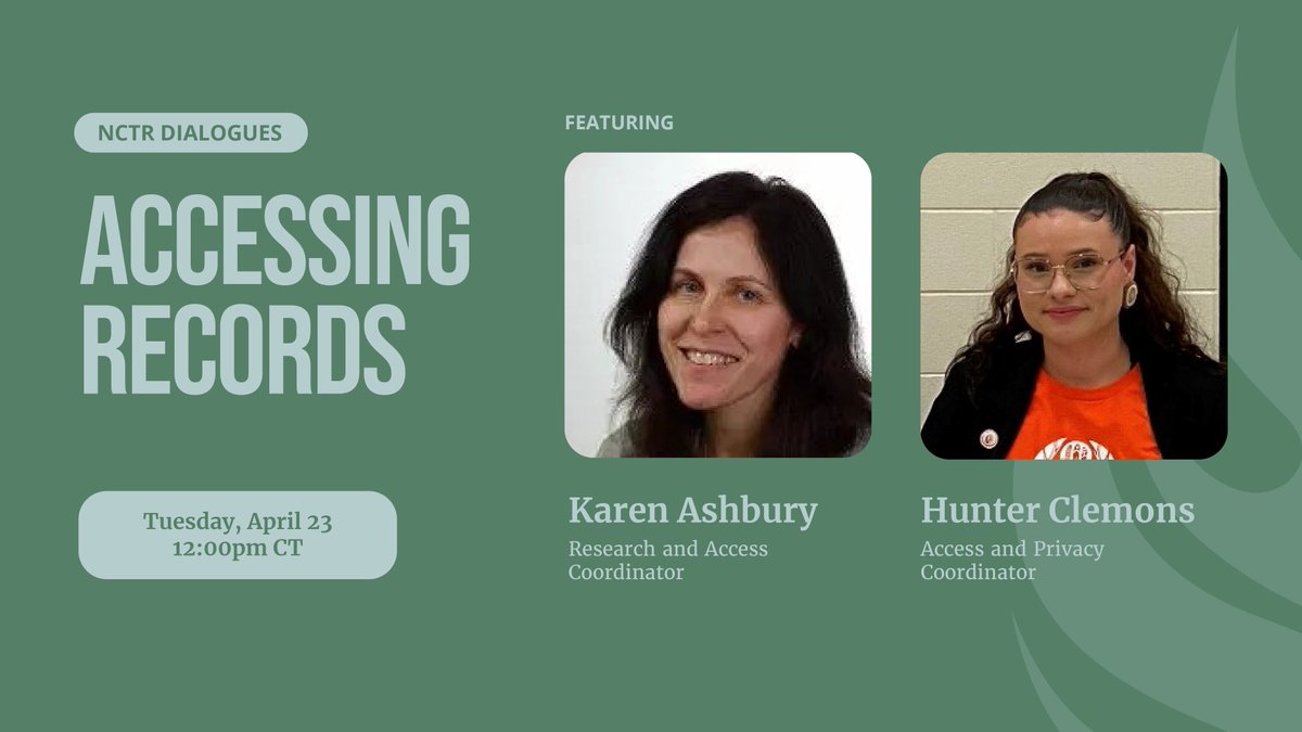 This month's NCTR Dialogues features our very own Karen Ashbury, Research and Access Coordinator, and Hunter Clemons, Access and Privacy Coordinator. 

Join us as we discuss how Survivors and their families can access their residential school records. 

#nctr_um