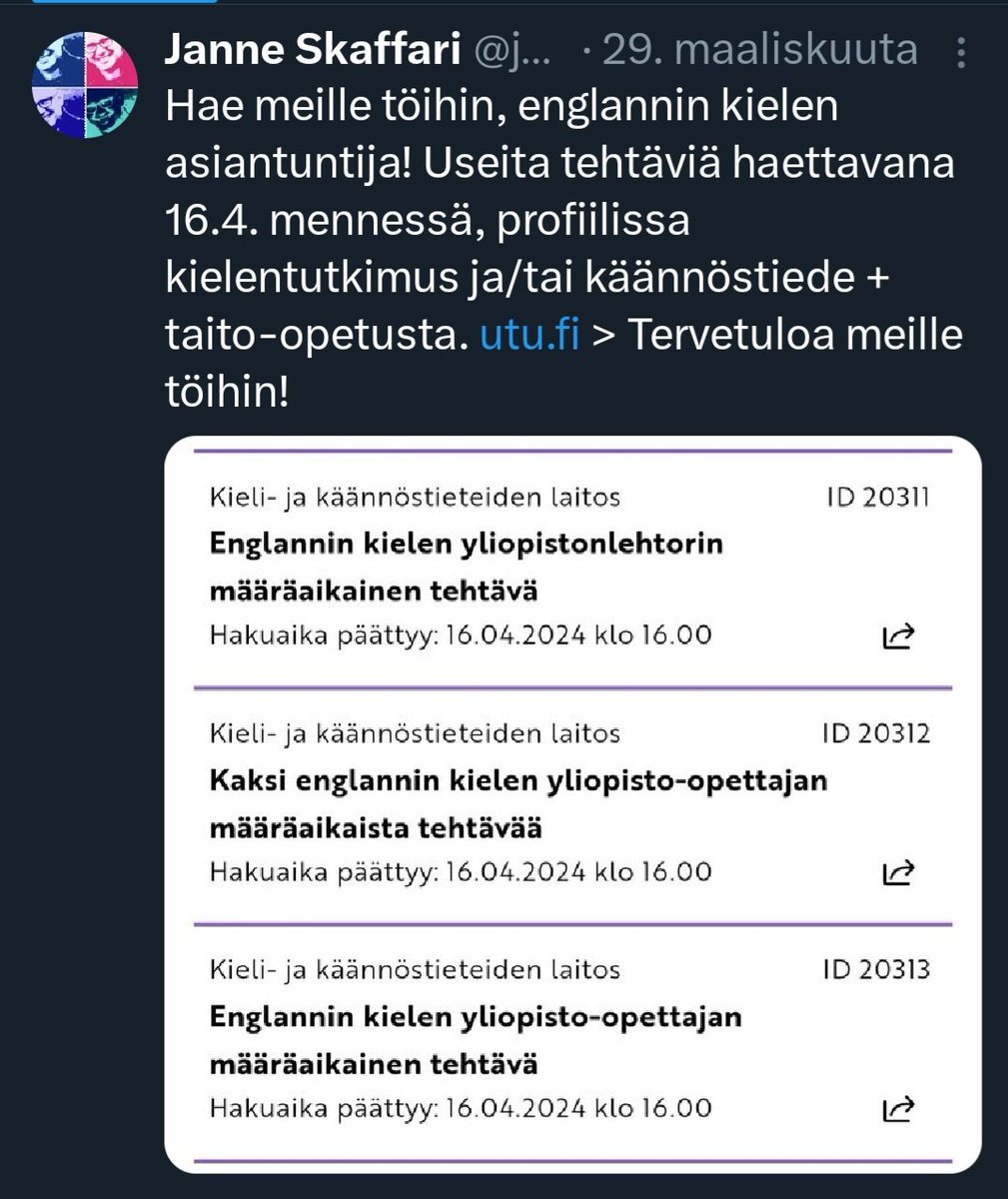 Come work with me and my colleagues <a href="/UniTurku/">Turun yliopisto - University of Turku</a>! The applications deadline is seven days from this afternoon.