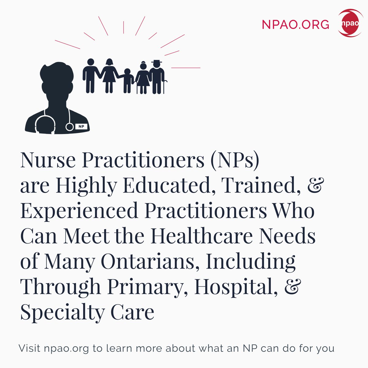 Discover the vital role Nurse Practitioners play in meeting Ontarians' healthcare needs! Highly educated and skilled, NPs cater to various healthcare needs across Ontario, from primary to specialty care. Visit npao.org to learn more about their impactful role