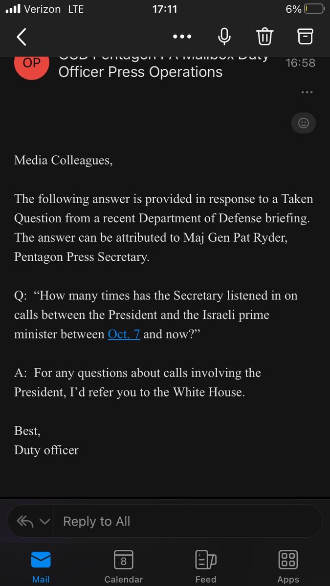 I’m old enough to remember a Pentagon too embarrassed to provide an answer like this. DoD can’t speak to what the SecDef is doing? Also, I think it’s safe to assume the answer is zero.