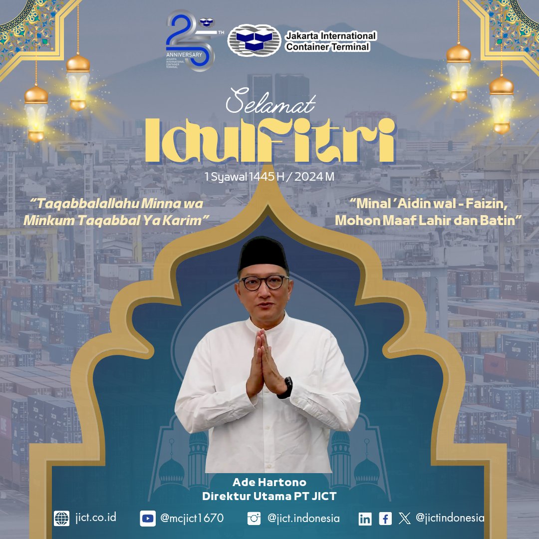 JICTIndonesia's tweet photo. Segenap Direksi dan Pegawai PT Jakarta International Container Terminal mengucapkan Selamat IdulFitri 1445H/2024 M. Teriring Doa Taqabbalallahu Minna wa Minkum, Taqabbal yaa Karim dan Mohon Maaf Lahir dan Batin.
#JICT #JICTIndonesia
#Pelindo #PelindoGroup
#IdulFitri1445H #Lebaran https://t.co/x9t641qndT