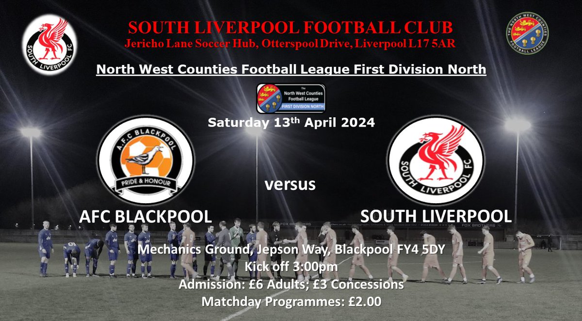 UP NEXT ⚪️⚫️🔴 📆 Sat 13/04/24 ⚽️ @AFCBlackpool ⏱️ 3:00pm 🏆 @nwcfl First Division North 📌 Mechanics Ground FY4 5DY 💰 Admission: £6 Adults; £3 Concessions 📚 Matchday Programmes: £2.00 #SupportYourLocalClub #ComeOnTheSouth