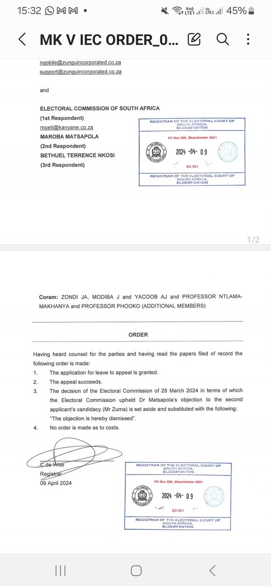 BREAKING NEWS: The Electoral Court has ruled in favour of the MK Party and former President Jacob Zuma in the matter where the IEC barred him from returning to parliament. The ruling was emailed to all parties a short while ago. <a href="/ScrollaAfrica/">Scrolla Africa</a>