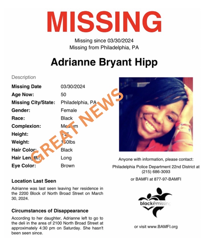 We have just been alerted that Adrianne has located, safe. Additional details not provided. We will keep you updated as we learn more. Thank you for sharing her profile.🧡