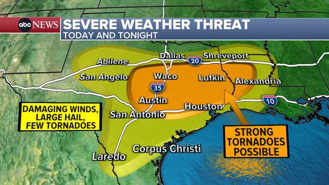 TUESDAY: TEXAS & LOUISIANA: damaging wind with tornadoes possible this afternoon/tonight! Lufkin, Alexandria, Shreveport all included in the risk! #tornado #wind #storm