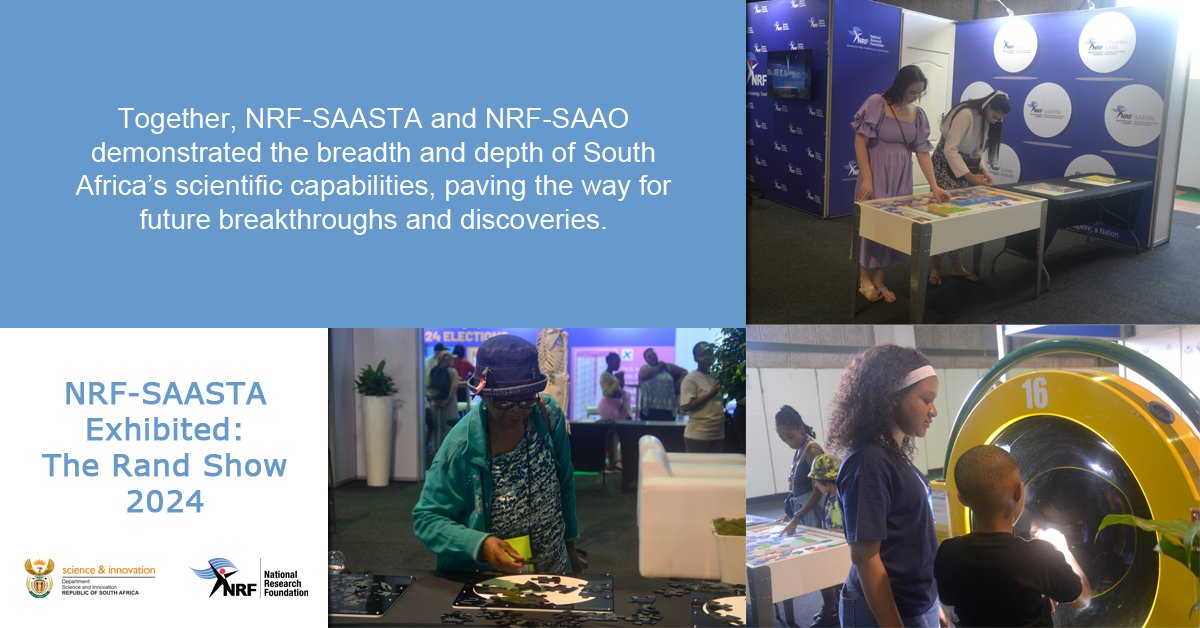 NRF-SAASTA and NRF-SAAO joined forces to exhibit at the 2024 Rand Show. They engaged with visitors, young and old, sparking curiosity and fostering a deeper understanding of the scientific landscape in South Africa. More here: saasta.ac.za/media-room/new…