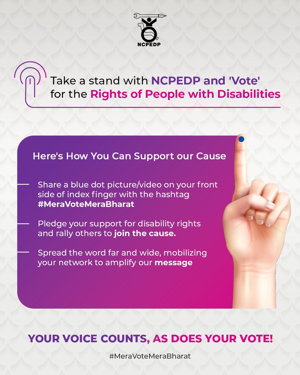 Vote for Inclusivity & Disability Rights!✊ Join hands with #NCPEDP to advocate for the rights of Persons with Disabilities in India. This election season, let’s make our voices heard by showing our support with a blue dot on our index finger. Share a picture or video using…