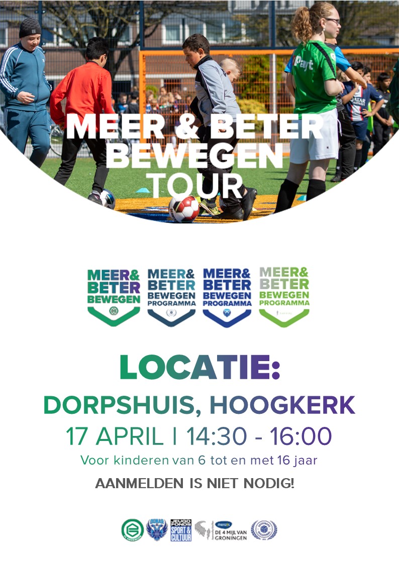 Doe mee met de Meer &amp; Beter Bewegen Tour in Hoogkerk🏀

Woensdag 17 april staat Hoogkerk in het teken van sport &amp; plezier, georganiseerd door FC Groningen, Lycurgus, Donar en Team 4Mijl. Kinderen uit de omgeving zijn van harte welkom om hieraan deel te nemen.

Mis deze kans niet!