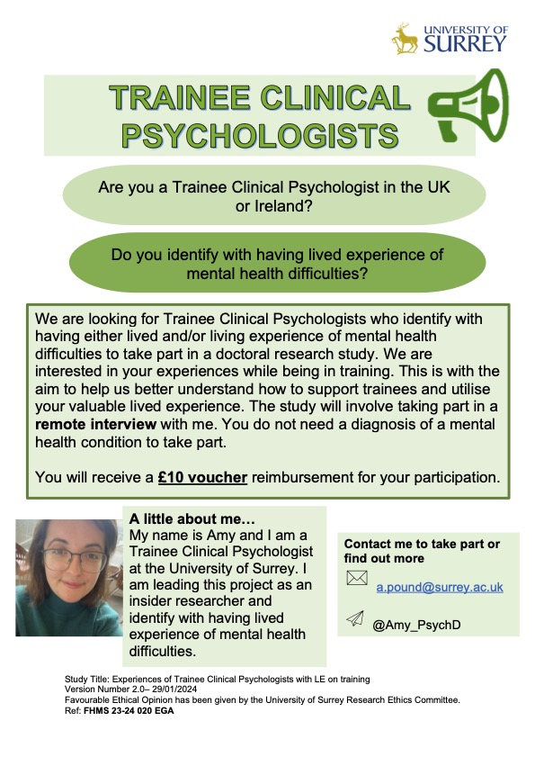 RECRUITING! Are you a Trainee Clinical Psychologist in the UK or Ireland who identifies as having lived experience of mental health difficulties and willing to take part in a virtual interview? I would love to hear from you! To find out more email a.pound@surrey.ac.uk #dclinpsy