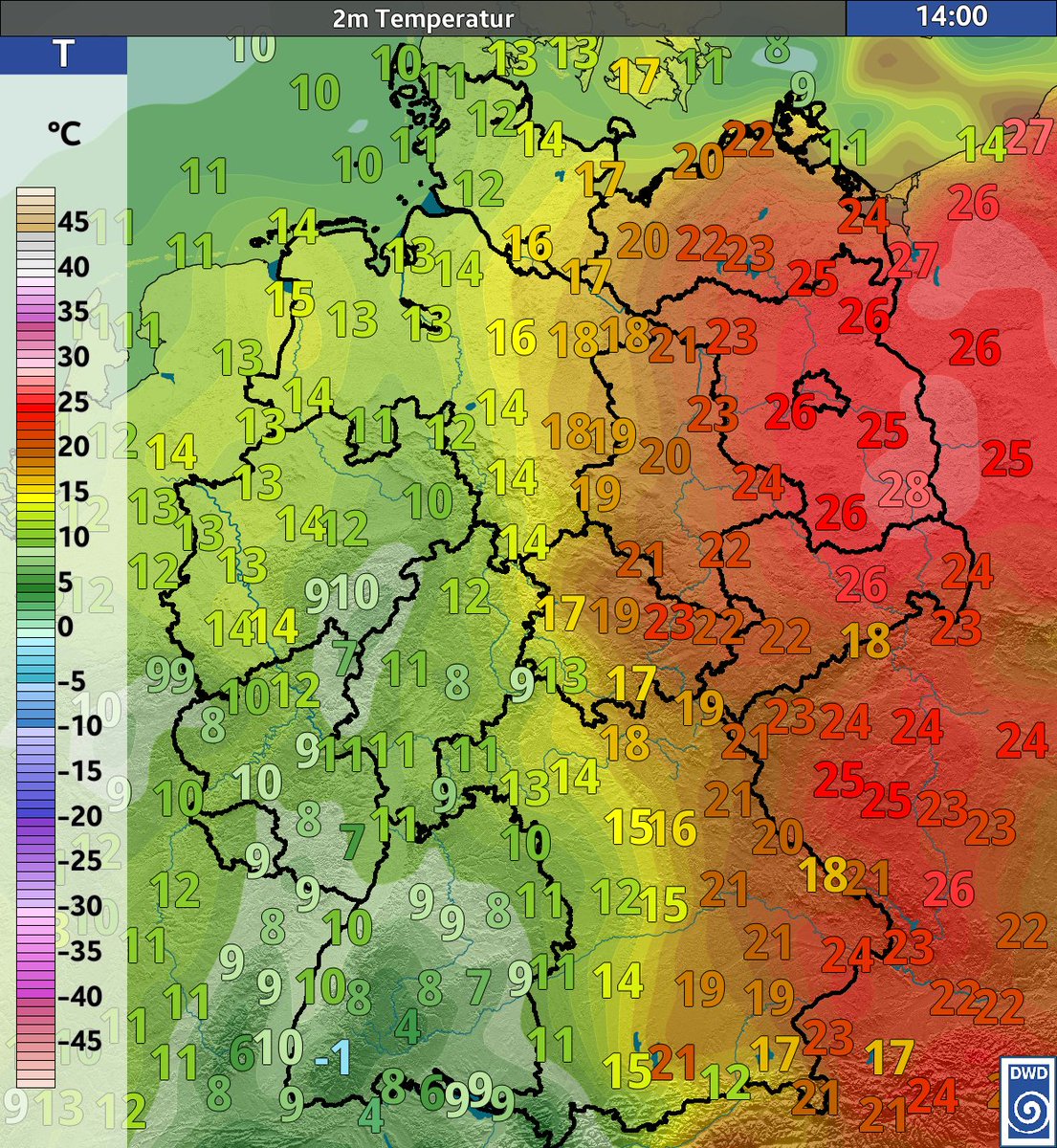 Das heutige Thema des Tages dwd.de/DE/wetter/them… beschäftigt sich damit, warum die #Kaltfront nicht mit großem 'Kawumm' über Deutschland hinwegzieht, obwohl die Temperaturdiferenz zwischen West und Ost etwa 20 Grad beträgt. /V