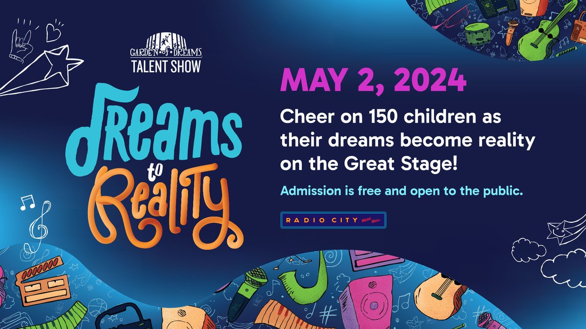 It's officially the best time of year! Save the date for the #GDFTalentShow2024 -#DreamsToReality - on May 2nd at @radiocity! Request your free tickets and learn more about the performers at gardenofdreamsfdtn.org/talentshow2024/ 🎤💙