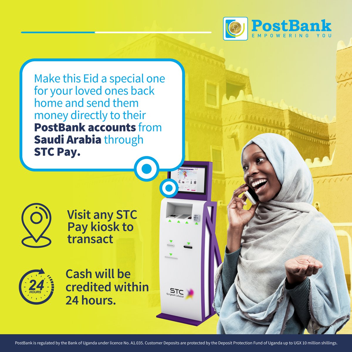 Make this Eid unforgettable for your loved ones back home! Send money directly to their PostBank accounts in Uganda through STC Pay kiosks in Saudi Arabia. For more details, email customerservice@postbank.co.ug. #EidSpecial #SendWithPostBank #STCPay