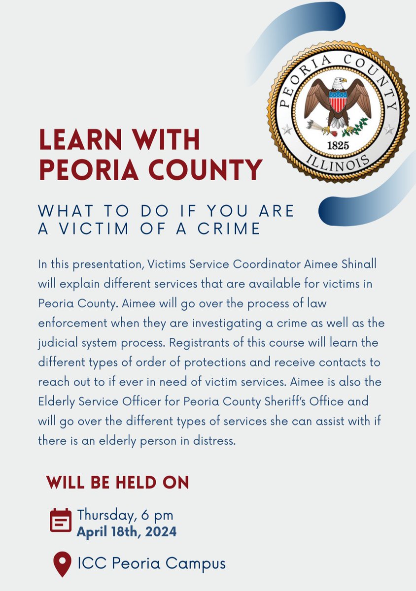 Our Victim Service Coordinator is proud to present "What to Do If You Are a Victim of a Crime," a free course part of Peoria County's collaboration with ICC. Register at bit.ly/4aM4KRB