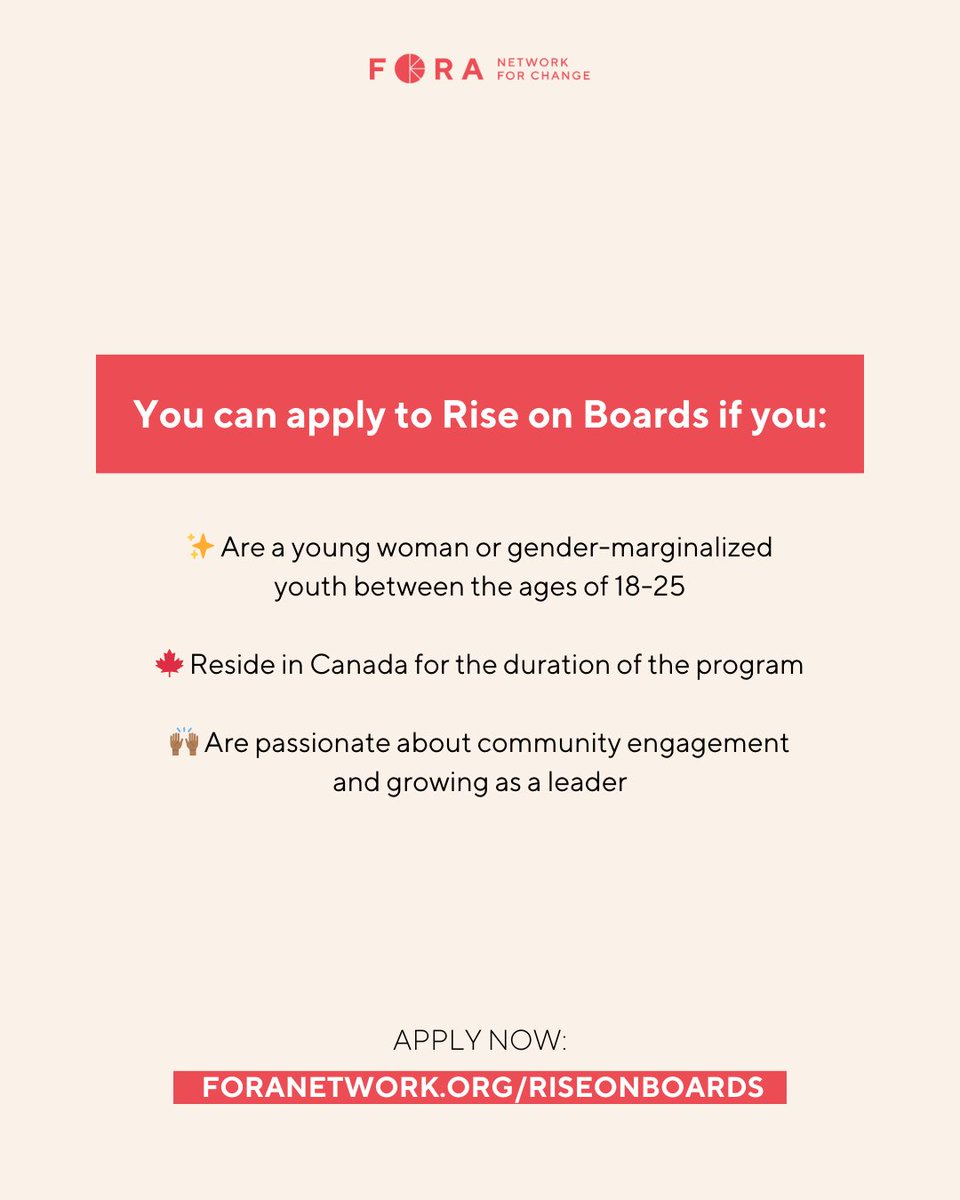 Applications for Rise on Boards are officially ✨OPEN!✨ Fora's Rise on Boards program (formerly Girls on Boards) is building more equitable and inclusive board rooms across Canada. Deadline: May 5, 2024, at 23:59 EST Learn more and apply here: foranetwork.org/riseonboards