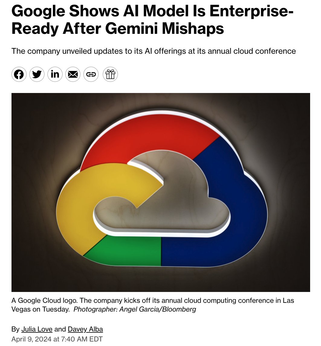 New w/ @byjulialove: Google Cloud has a slew of enterprise updates today as part of its Next conference —Gemini can spin up short videos & podcasts —AI answers are 'grounded' in search —'Zero issues' w/ image generation compared to consumer-facing Gemini bloomberg.com/news/articles/…