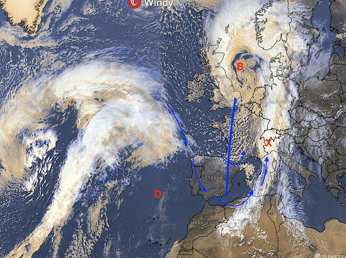 Mientras la vaguada (flechas azules) se estrecha, muy al sur de la borrasca (B) aparece un engrosamiento (X) en la banda nubosa: es el inicio de la borrasca fría que mañana aparecerá sobre el G. de Génova. En el Atlántico, la dorsal (D) comienza su acercamiento a Iberia. (ALT)