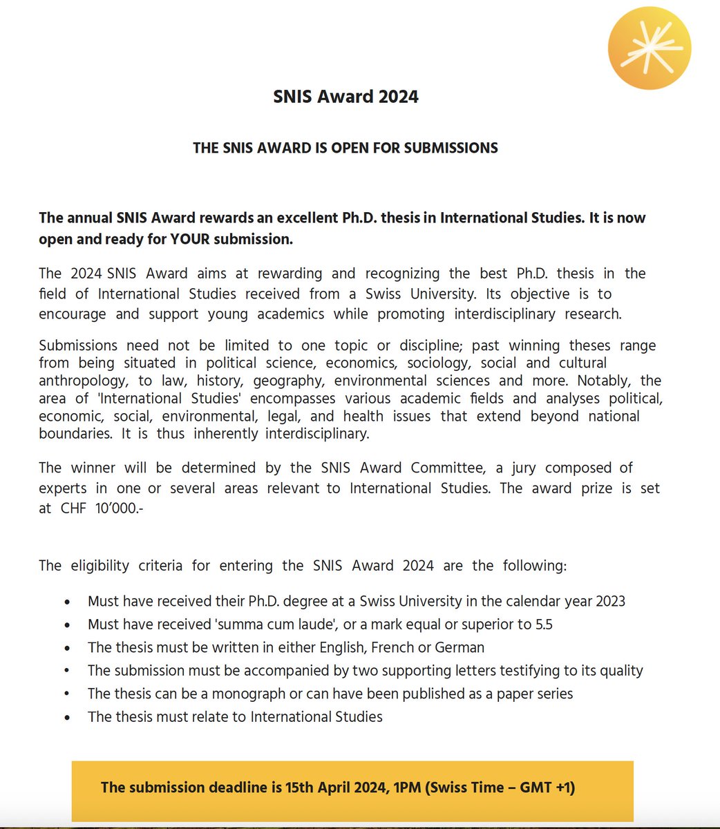 SNIS AWARD FOR THE BEST THESIS DEADLINE UPDATE : NEW DEADLINE 15TH APRIL 13:00 CET