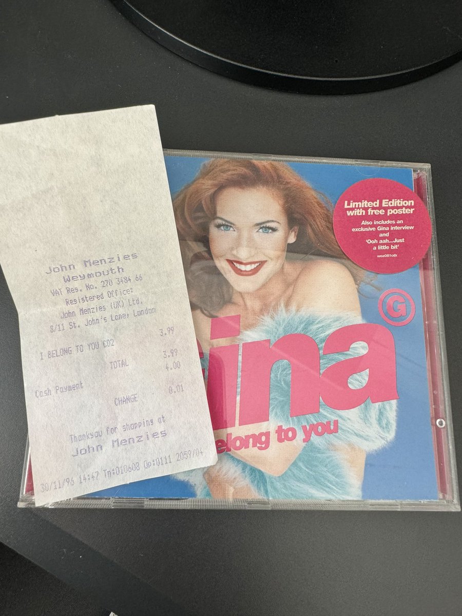 My god!! I found a John Menzies receipt in my #GinaG cd! 1996! Does anyone remember that shop!? #ifeelold 😆