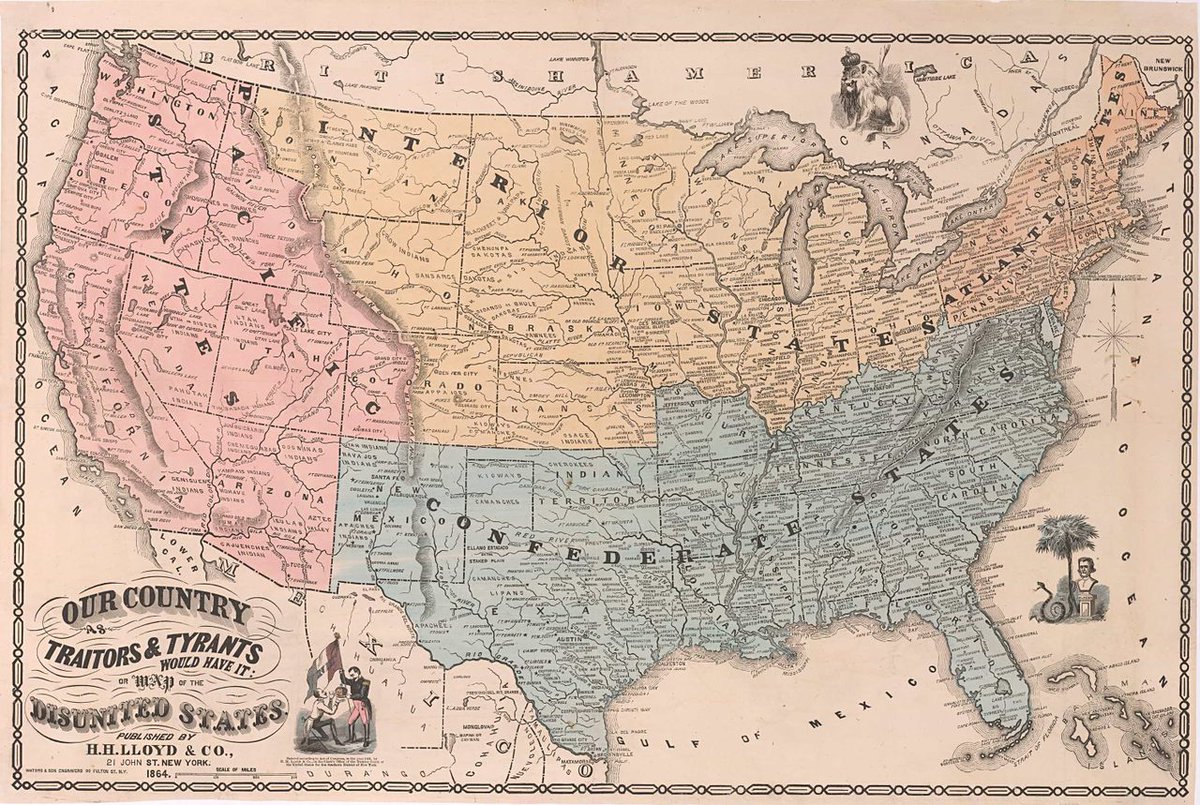 Something to think about this April 9. If the U.S. had lost, there would be an international border north & south. The split might have encouraged border countries to usurp other sections of the Continental U.S., as shown in this 1864 map. The divided, not united states.