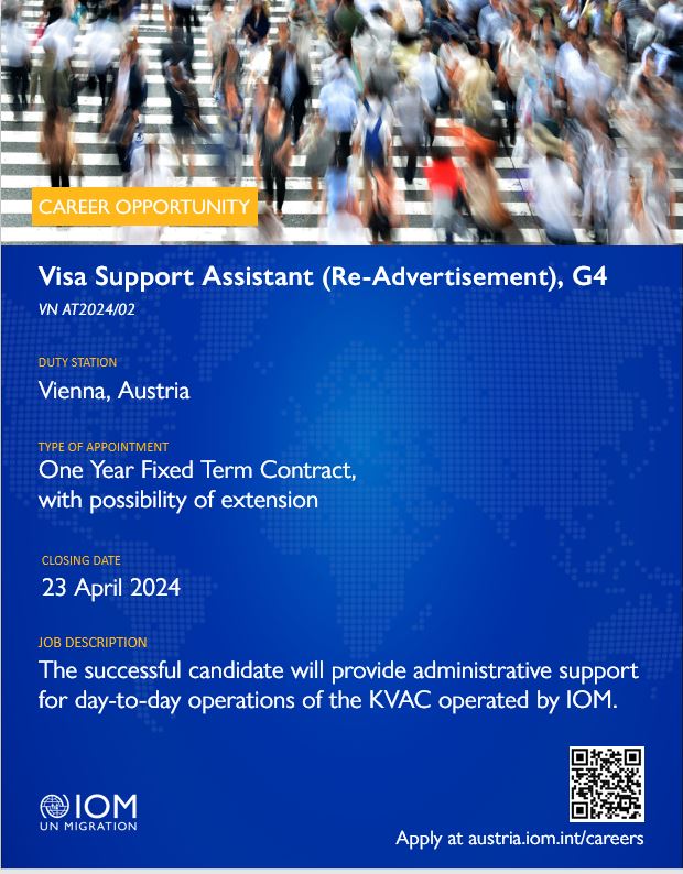 📢 Vacancy Announcement We are looking for a Visa Support Assistant for IOM's Korea Visa Application Center #KVAC in Vienna. 📩 Deadline for applications: 23 April 2024 ➡️ austria.iom.int/careers