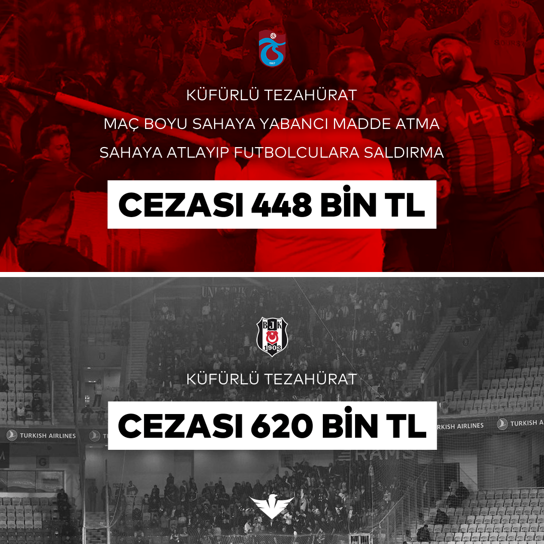 Trabzonspor maçından yaşanan futbol terörüne 448 bin TL ceza veren TFF, Beşiktaş taraftarının deplasmanda yaptığı küfürlü tezahürata 620 bin TL ceza verdi.