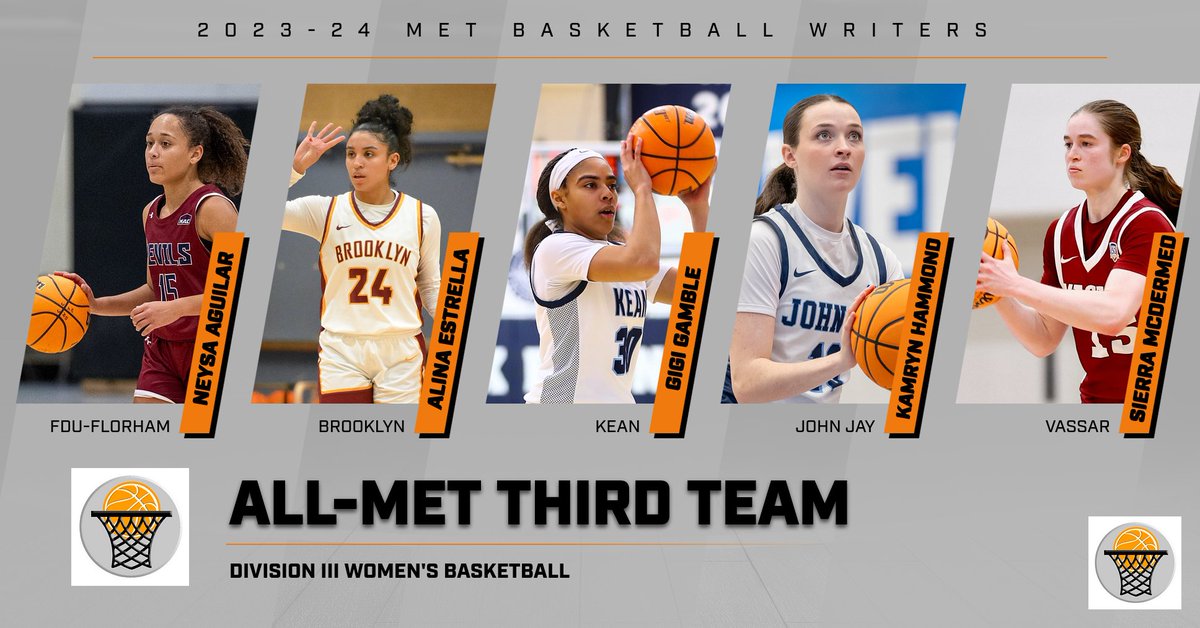 🏀All-Met Div III Women's 3rd Team! Neysa Aguila @FDUDevils, Alina Estrella @bklyn_bulldogs, Gigi Gamble @KeanAthletics, Kamryn Hammond @JJayAthletics, Sierra McDermed @VassarAthletics